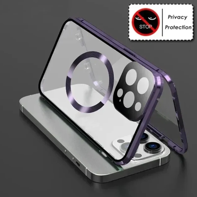 Luxury Metal Magnetic Privacy iPhone Case — 360° Shockproof Full Coverage, Anti-Scratch, Non-Slip, Lightweight Tempered Glass Cover