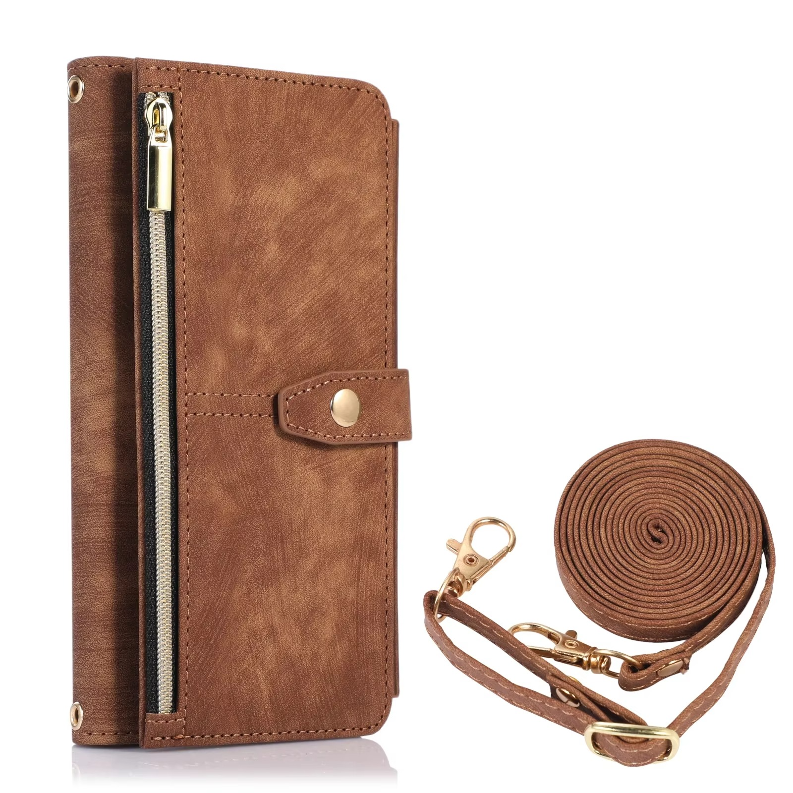 Luxury PU Leather iPhone Case — Crossbody Wallet Cover with Card Holder, Lanyard, Kickstand, Dustproof, and Storage Compartment
