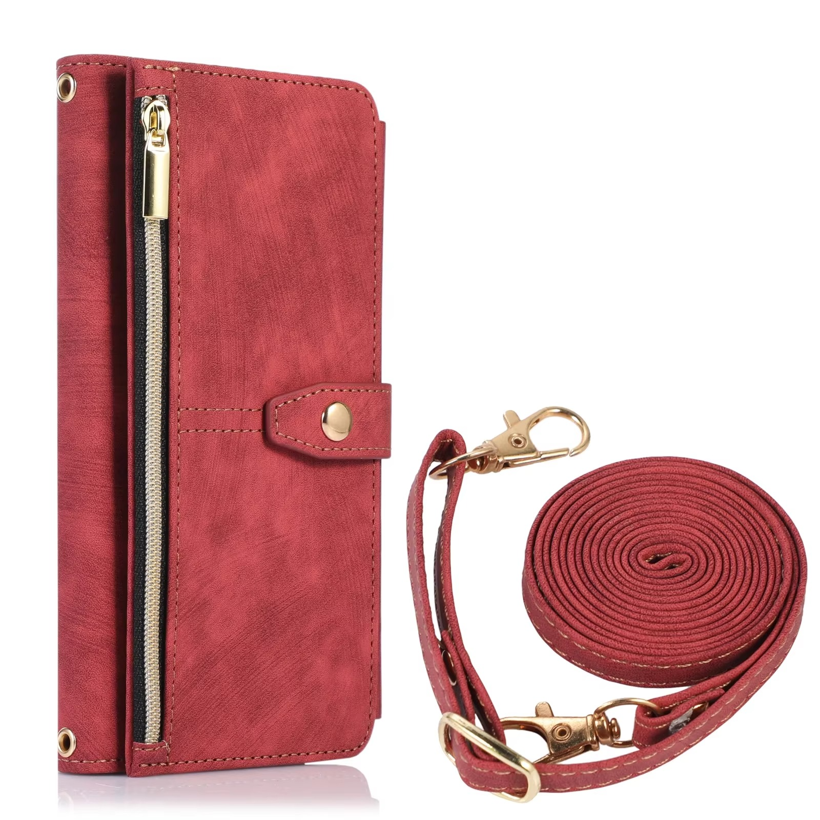 Luxury PU Leather iPhone Case — Crossbody Wallet Cover with Card Holder, Lanyard, Kickstand, Dustproof, and Storage Compartment