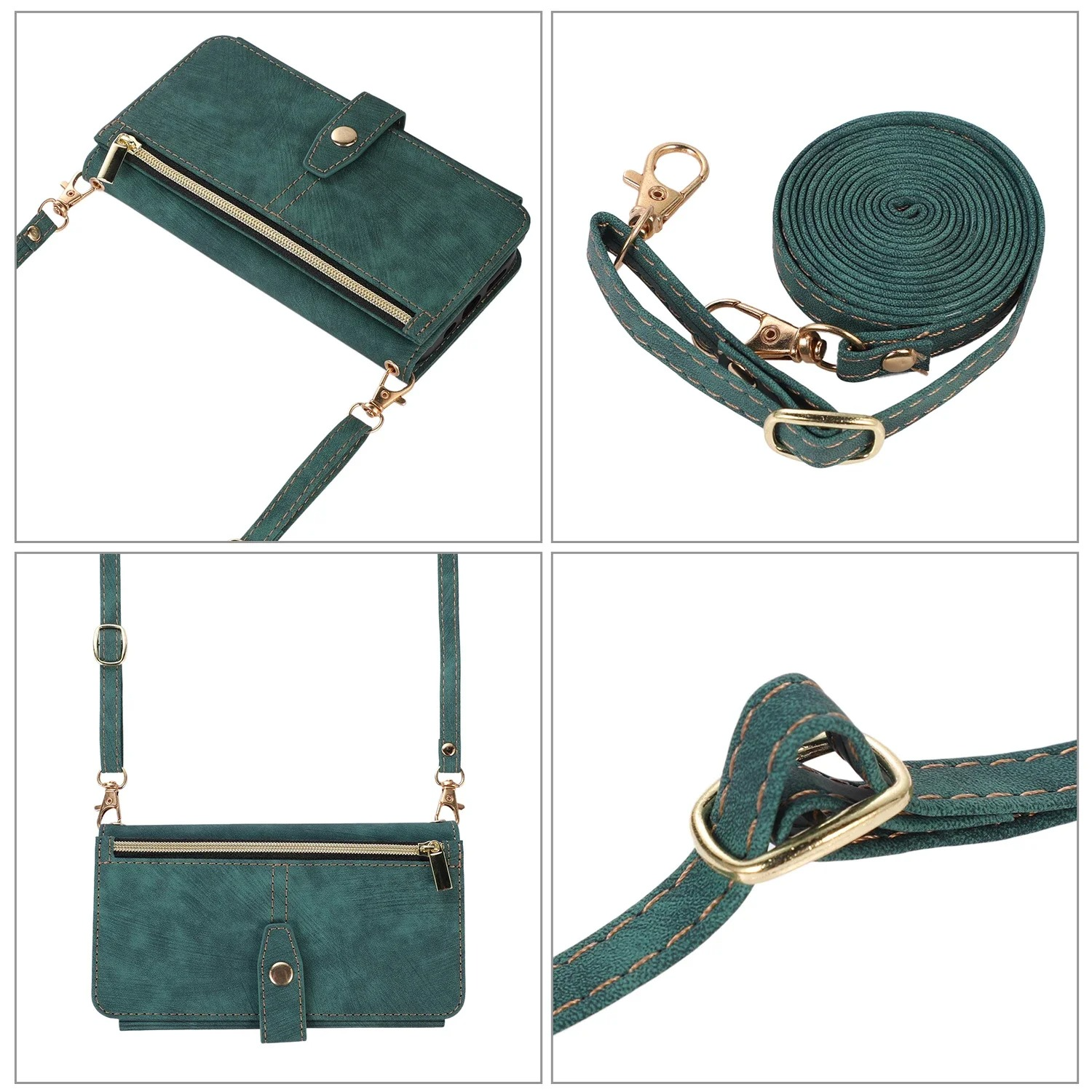 Luxury PU Leather iPhone Case — Crossbody Wallet Cover with Card Holder, Lanyard, Kickstand, Dustproof, and Storage Compartment