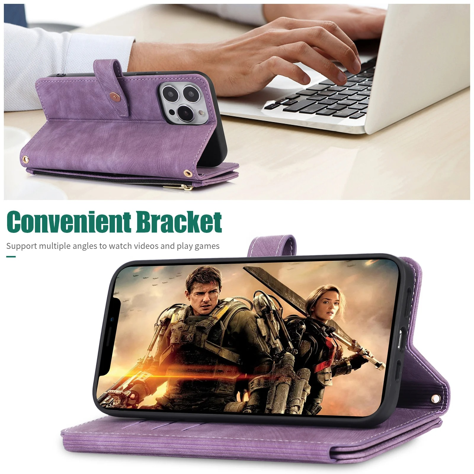 Luxury PU Leather iPhone Case — Crossbody Wallet Cover with Card Holder, Lanyard, Kickstand, Dustproof, and Storage Compartment