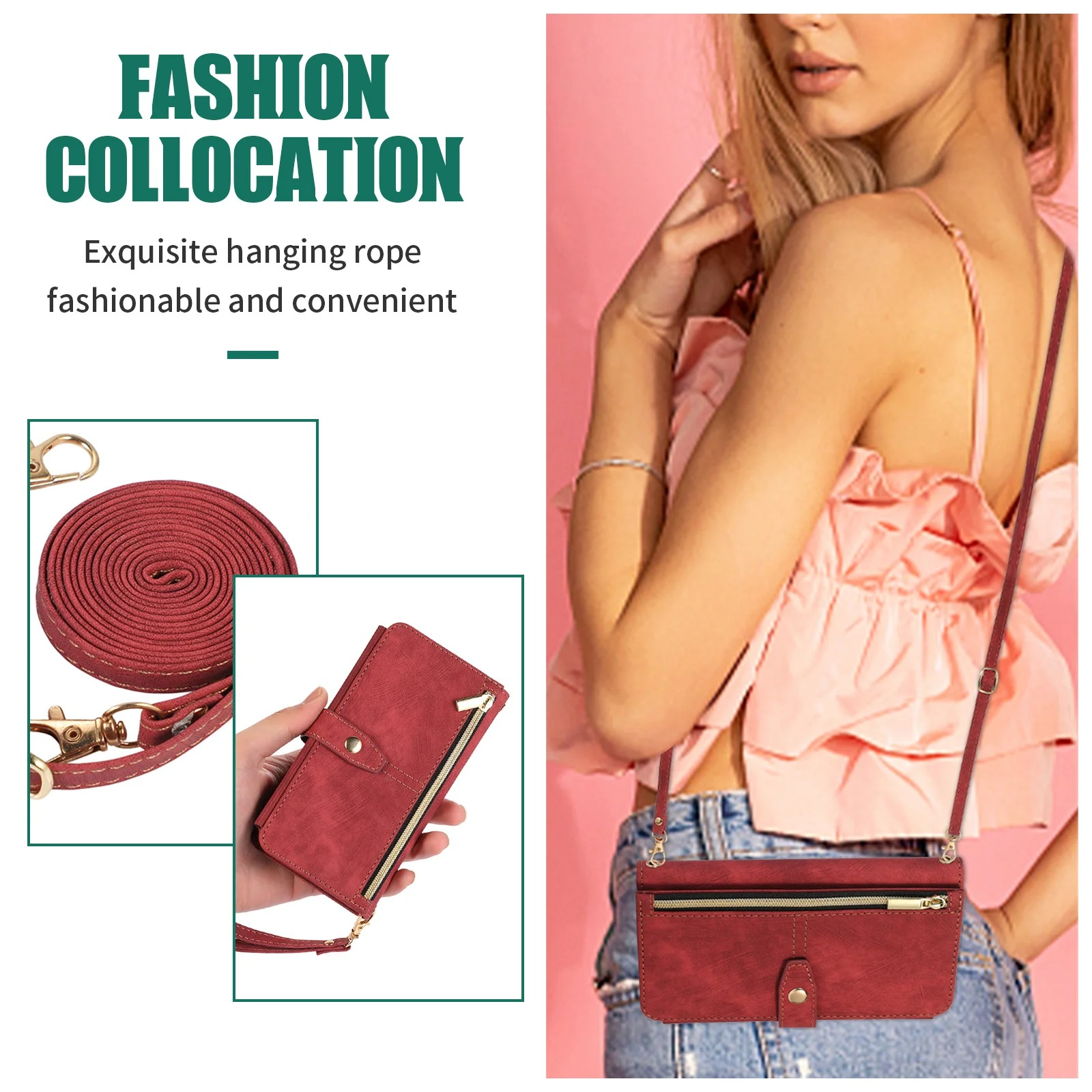 Luxury PU Leather iPhone Case — Crossbody Wallet Cover with Card Holder, Lanyard, Kickstand, Dustproof, and Storage Compartment