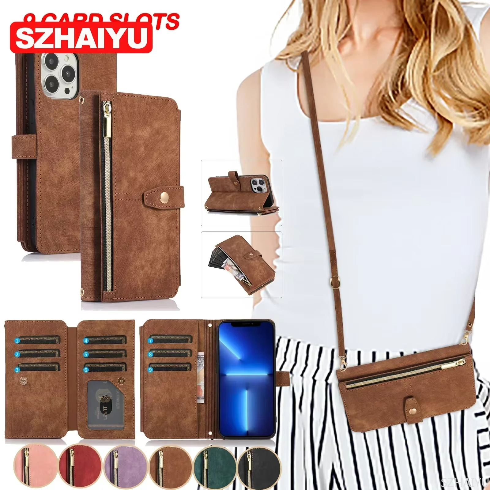 Luxury PU Leather iPhone Case — Crossbody Wallet Cover with Card Holder, Lanyard, Kickstand, Dustproof, and Storage Compartment