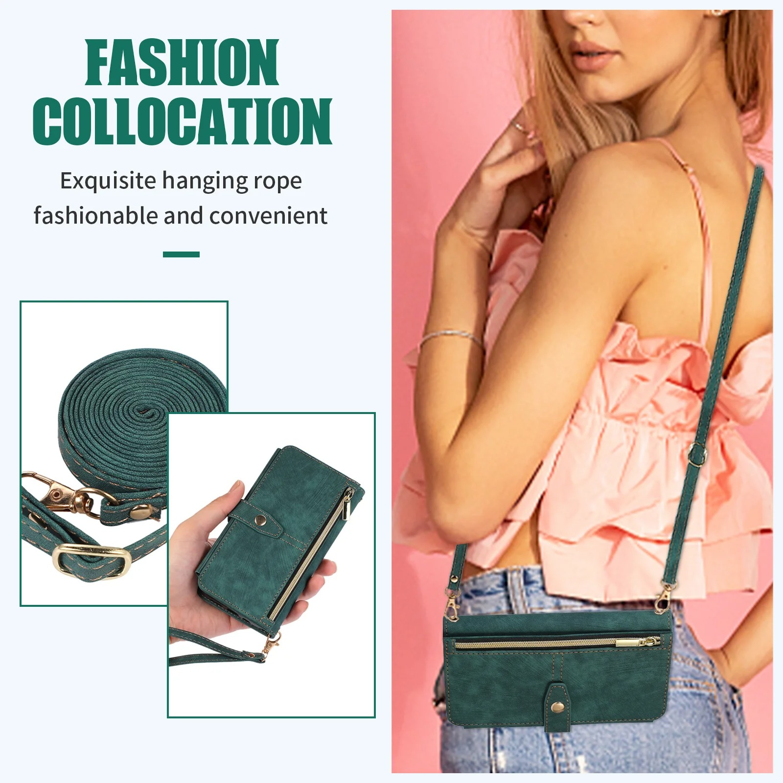 Luxury PU Leather iPhone Case — Crossbody Wallet Cover with Card Holder, Lanyard, Kickstand, Dustproof, and Storage Compartment