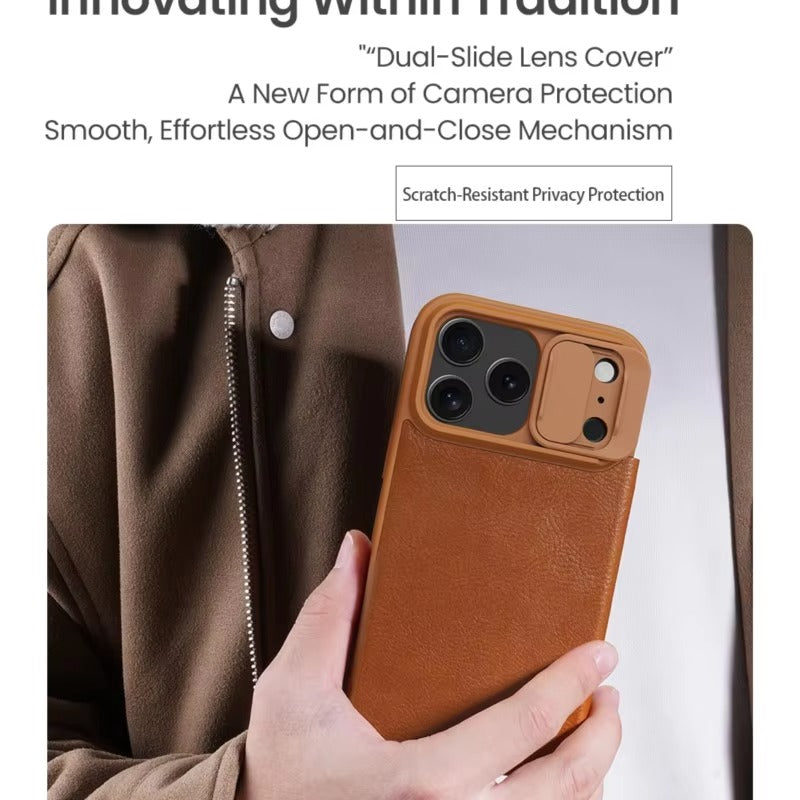Luxury iPhone Case — Shockproof Flip Leather Wallet Cover with Camera Slider Protection, Anti-Fingerprint Dustproof Design