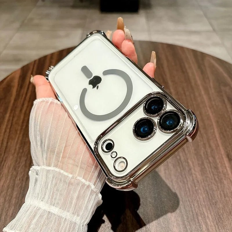 Luxury iPhone Case — Transparent MagSafe Soft TPU Airbag Cover with Shockproof Anti-Knock Clear Full Protection for Wireless Charging