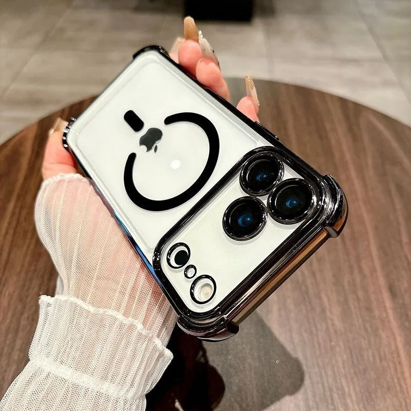 Luxury iPhone Case — Transparent MagSafe Soft TPU Airbag Cover with Shockproof Anti-Knock Clear Full Protection for Wireless Charging