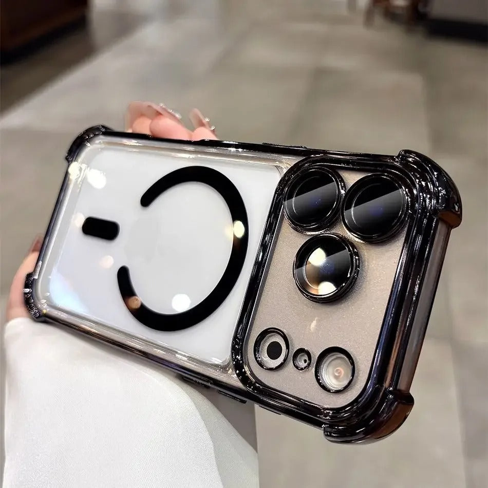 Luxury iPhone Case — Transparent MagSafe Soft TPU Airbag Cover with Shockproof Anti-Knock Clear Full Protection for Wireless Charging
