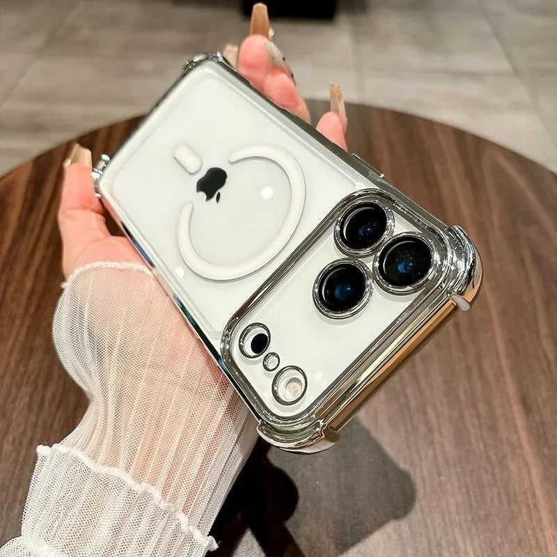 Luxury iPhone Case — Transparent MagSafe Soft TPU Airbag Cover with Shockproof Anti-Knock Clear Full Protection for Wireless Charging
