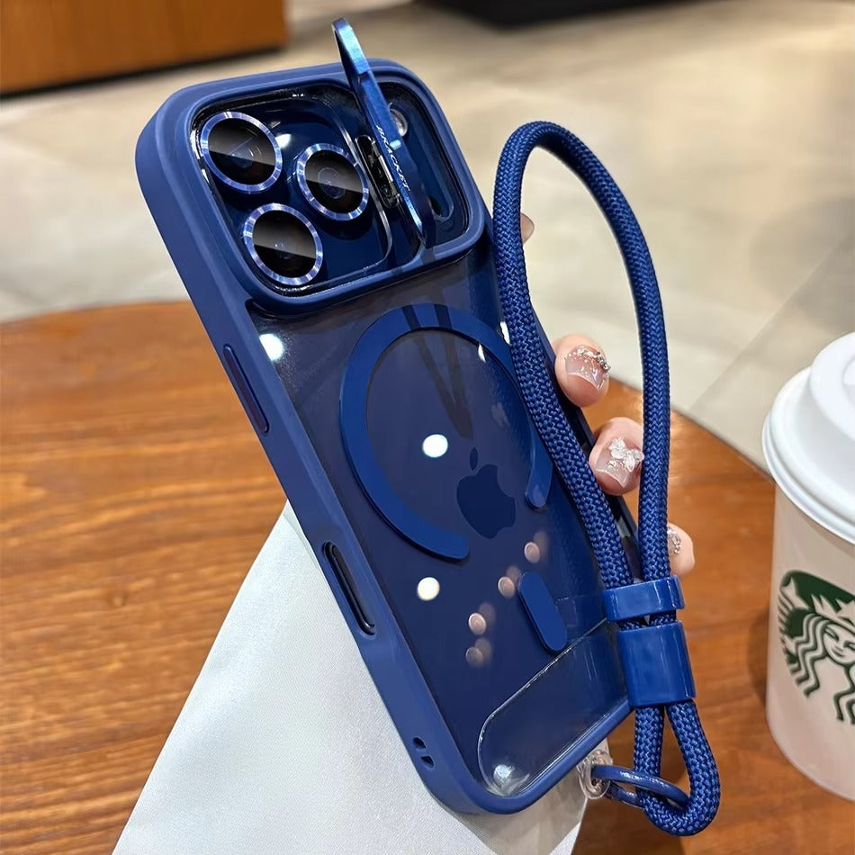 Luxury iPhone Case — Transparent MagSafe Compatible Half-Wrapped Shockproof Cover with Camera Bracket, Anti-Fingerprint, Non-Slip Design and Wrist Strap