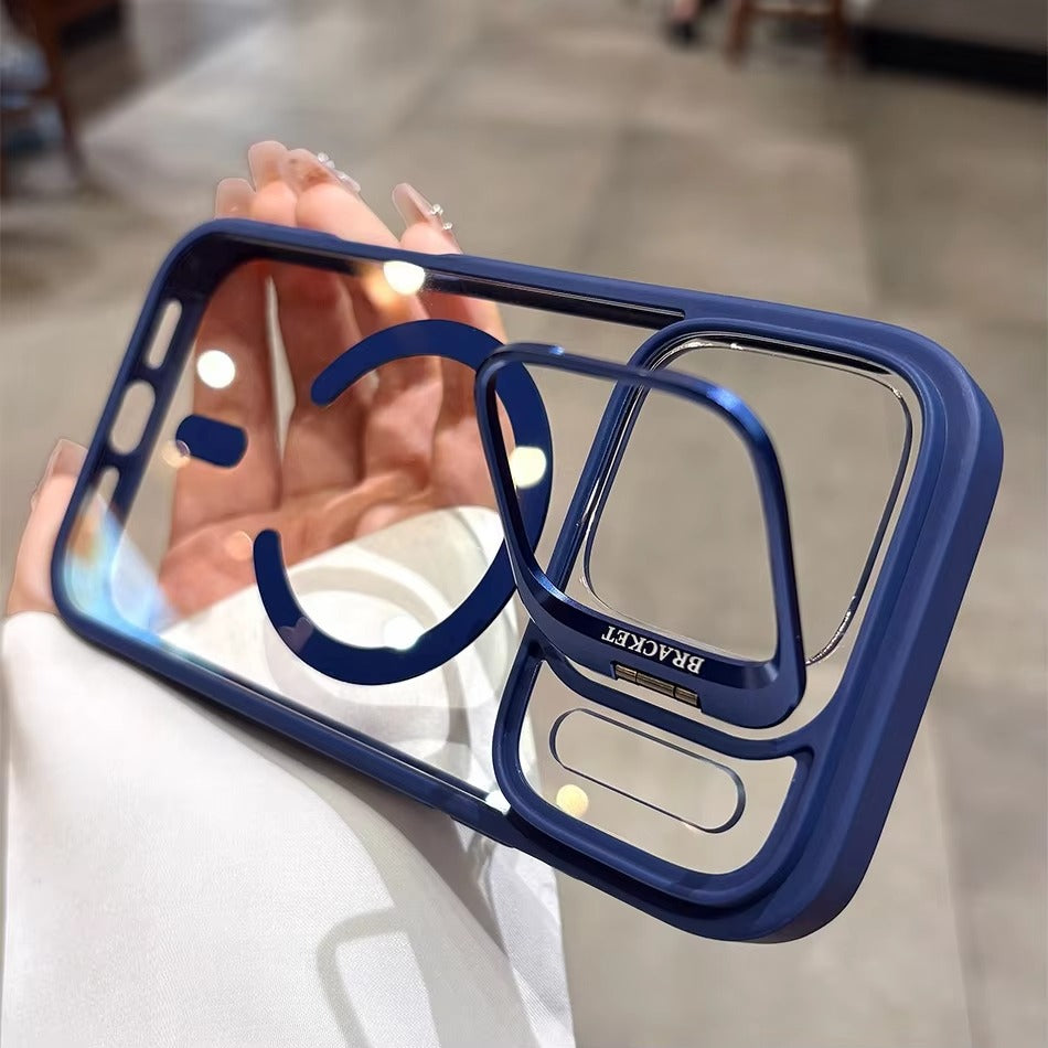 Luxury iPhone Case — Transparent MagSafe Compatible Half-Wrapped Shockproof Cover with Camera Bracket, Anti-Fingerprint, Non-Slip Design and Wrist Strap