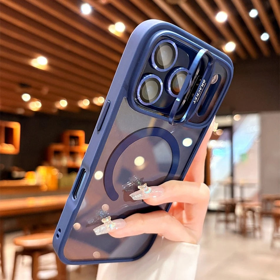 Luxury iPhone Case — Transparent MagSafe Compatible Half-Wrapped Shockproof Cover with Camera Bracket, Anti-Fingerprint, Non-Slip Design and Wrist Strap