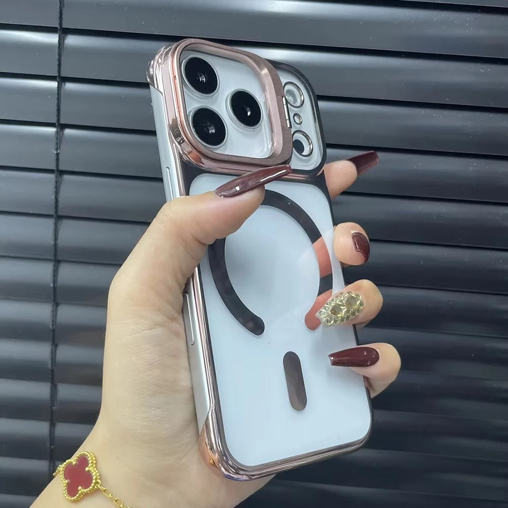 Luxury iPhone Case — Ultra-Thin Frameless Magnetic Plating Cover with Cooling Metal Camera Holder, MagSafe Compatible, Shockproof, Lightweight Full Protection Design