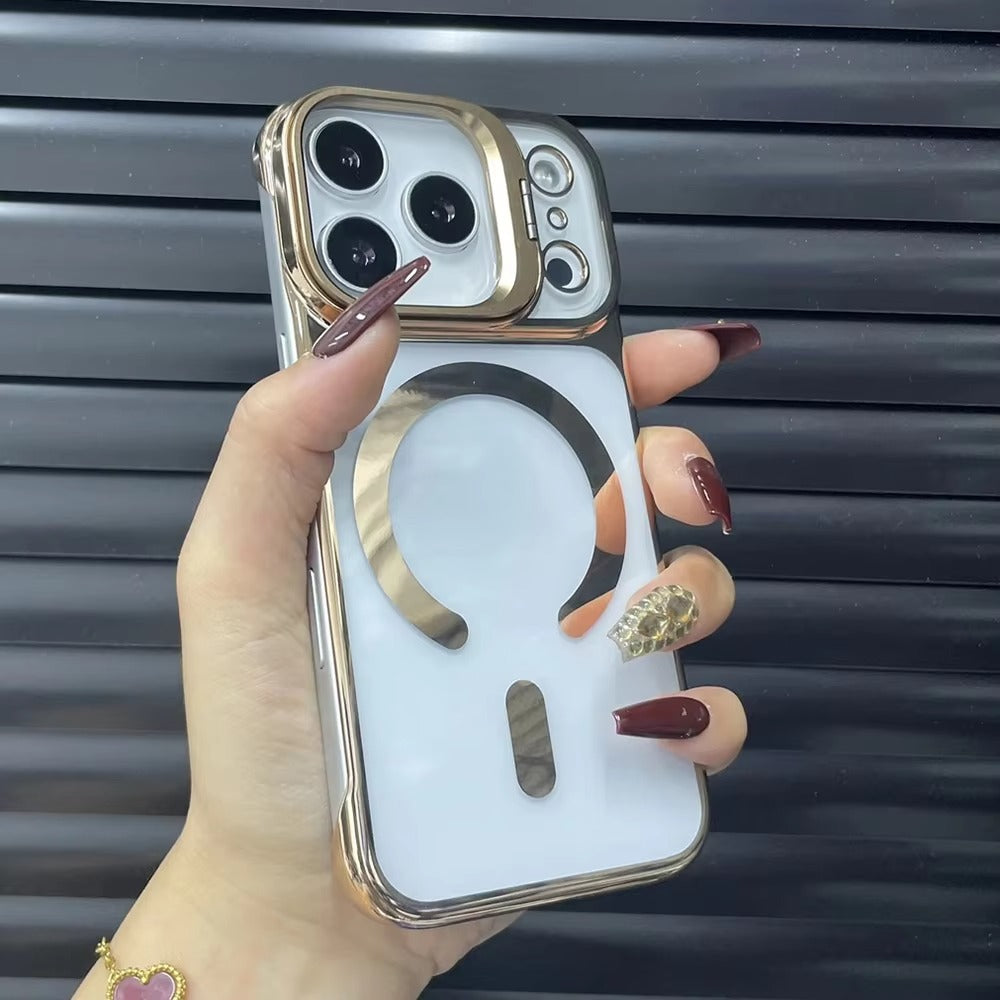 Luxury iPhone Case — Ultra-Thin Frameless Magnetic Plating Cover with Cooling Metal Camera Holder, MagSafe Compatible, Shockproof, Lightweight Full Protection Design