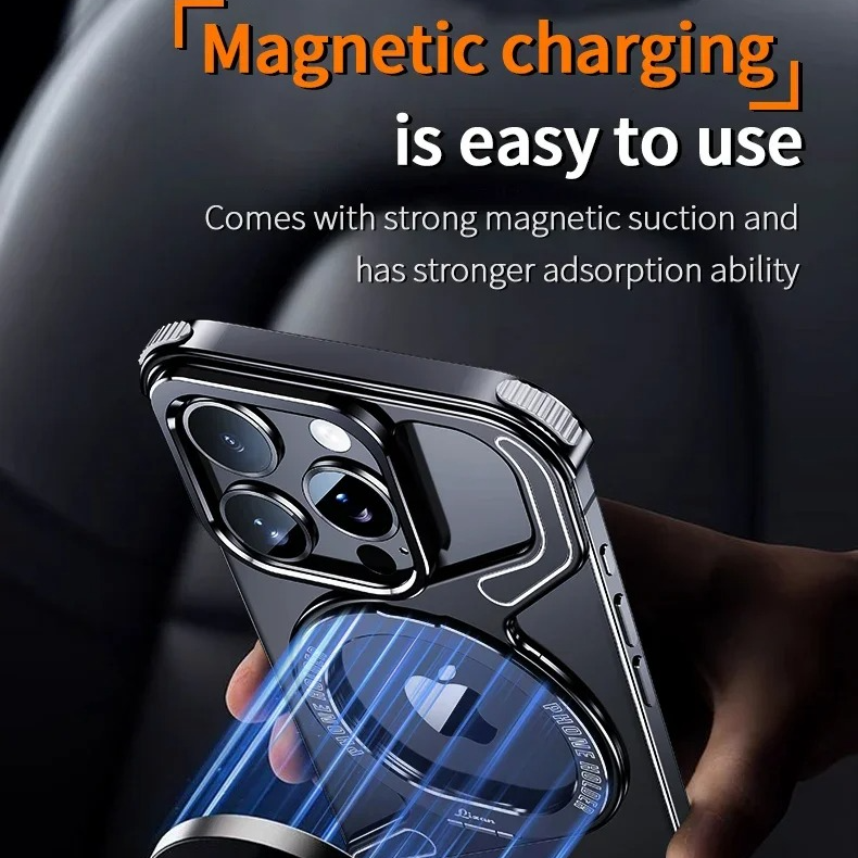 Luxury iPhone Case — Z-Shaped Frameless Magnetic Metal Snap-On Cover with Rotating Ring, Shockproof, Lightweight, Non-Slip, Full Protection