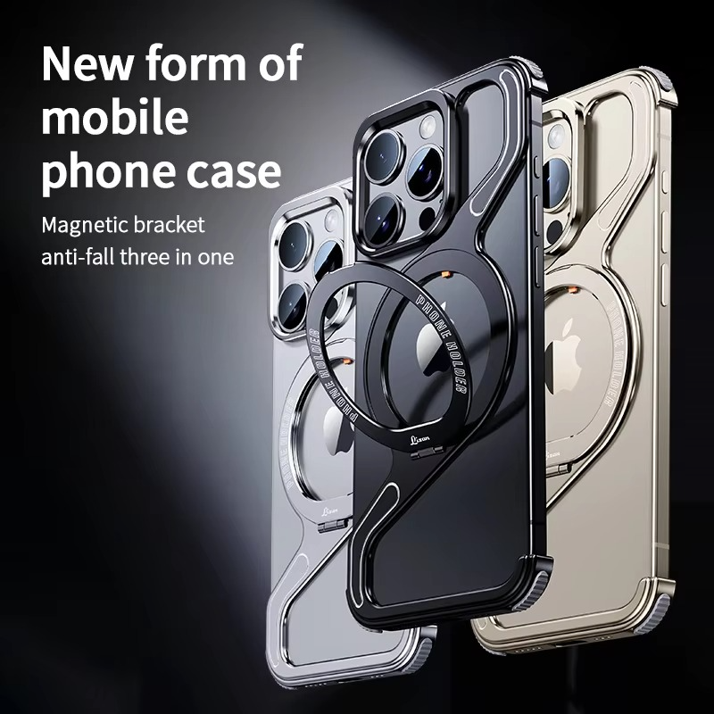 Luxury iPhone Case — Z-Shaped Frameless Magnetic Metal Snap-On Cover with Rotating Ring, Shockproof, Lightweight, Non-Slip, Full Protection