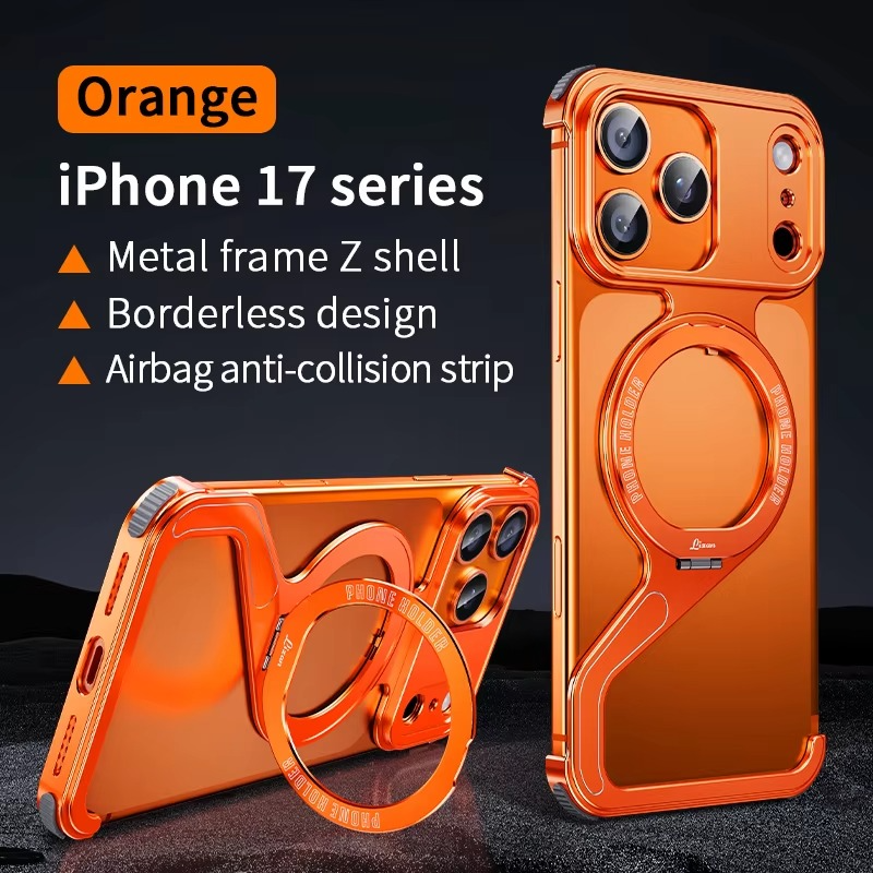 Luxury iPhone Case — Z-Shaped Frameless Magnetic Metal Snap-On Cover with Rotating Ring, Shockproof, Lightweight, Non-Slip, Full Protection