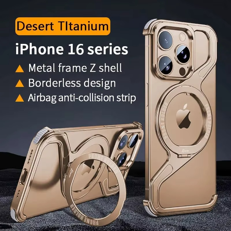 Luxury iPhone Case — Z-Shaped Frameless Magnetic Metal Snap-On Cover with Rotating Ring, Shockproof, Lightweight, Non-Slip, Full Protection