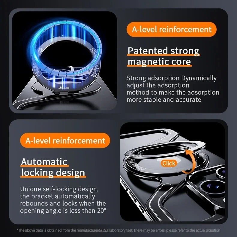 Luxury iPhone Case — Z-Shaped Frameless Magnetic Metal Snap-On Cover with Rotating Ring, Shockproof, Lightweight, Non-Slip, Full Protection