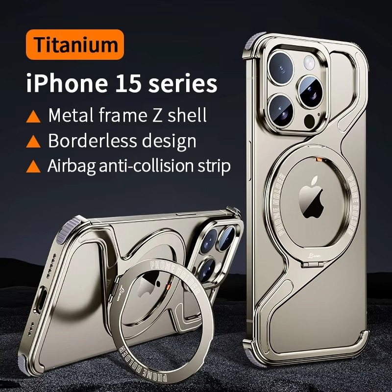 Luxury iPhone Case — Z-Shaped Frameless Magnetic Metal Snap-On Cover with Rotating Ring, Shockproof, Lightweight, Non-Slip, Full Protection