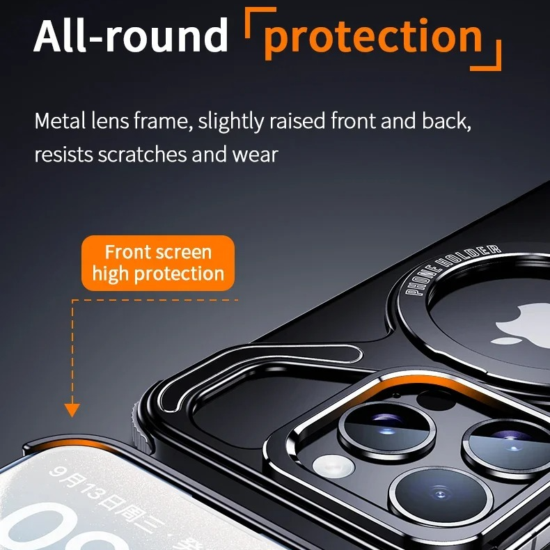 Luxury iPhone Case — Z-Shaped Frameless Magnetic Metal Snap-On Cover with Rotating Ring, Shockproof, Lightweight, Non-Slip, Full Protection