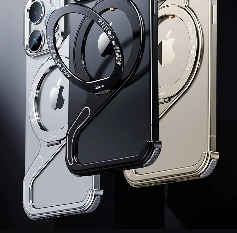 Luxury iPhone Case — Z-Shaped Frameless Magnetic Metal Snap-On Cover with Rotating Ring, Shockproof, Lightweight, Non-Slip, Full Protection