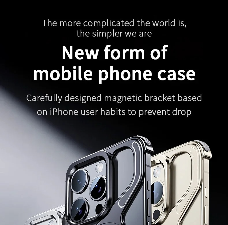 Luxury iPhone Case — Z-Shaped Frameless Magnetic Metal Snap-On Cover with Rotating Ring, Shockproof, Lightweight, Non-Slip, Full Protection