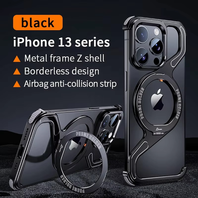 Luxury iPhone Case — Z-Shaped Frameless Magnetic Metal Snap-On Cover with Rotating Ring, Shockproof, Lightweight, Non-Slip, Full Protection