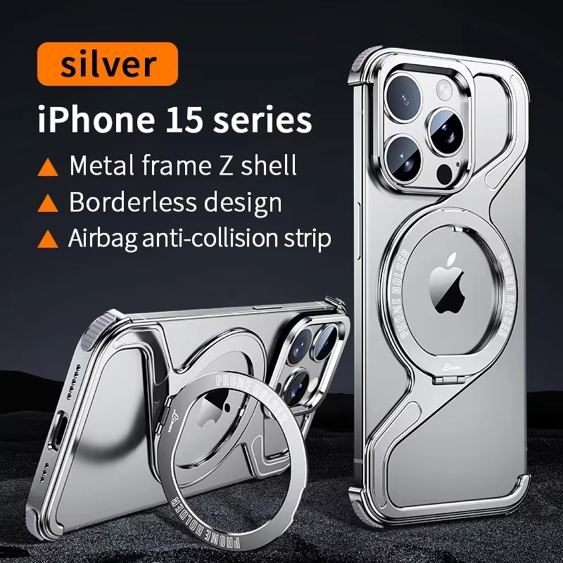 Luxury iPhone Case — Z-Shaped Frameless Magnetic Metal Snap-On Cover with Rotating Ring, Shockproof, Lightweight, Non-Slip, Full Protection