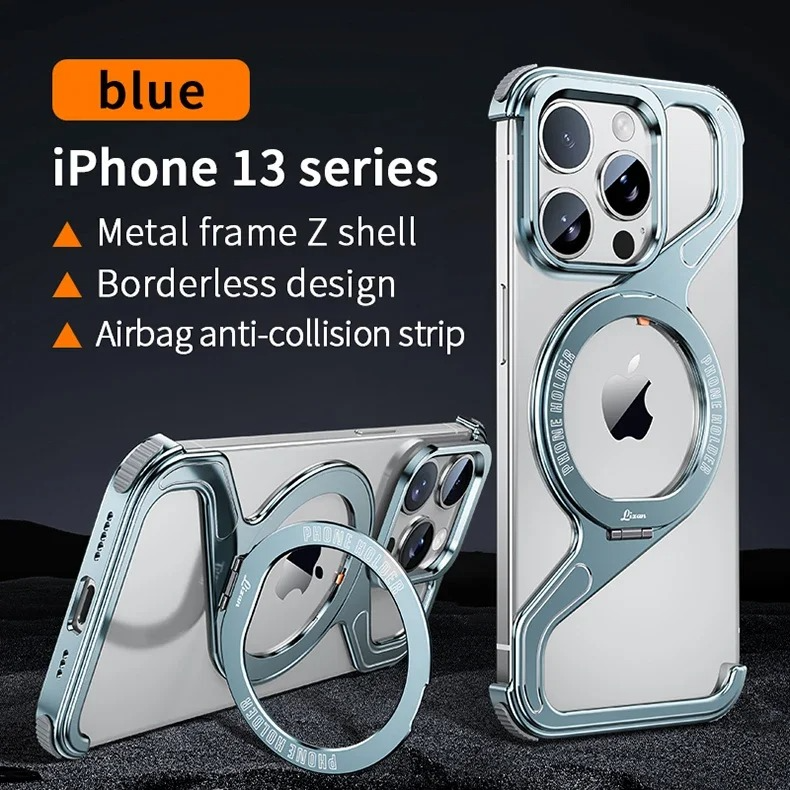 Luxury iPhone Case — Z-Shaped Frameless Magnetic Metal Snap-On Cover with Rotating Ring, Shockproof, Lightweight, Non-Slip, Full Protection