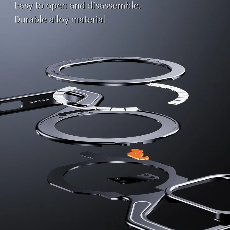 Luxury iPhone Case — Z-Shaped Frameless Magnetic Metal Snap-On Cover with Rotating Ring, Shockproof, Lightweight, Non-Slip, Full Protection