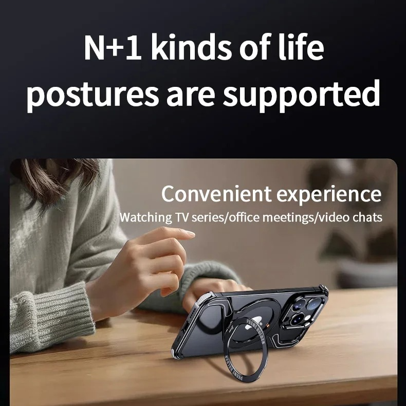 Luxury iPhone Case — Z-Shaped Frameless Magnetic Metal Snap-On Cover with Rotating Ring, Shockproof, Lightweight, Non-Slip, Full Protection