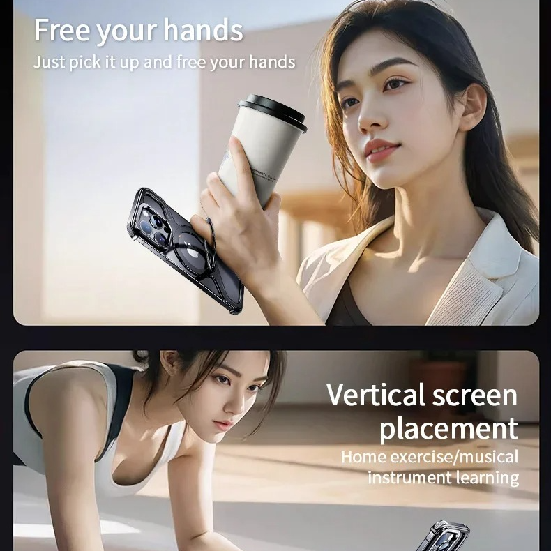 Luxury iPhone Case — Z-Shaped Frameless Magnetic Metal Snap-On Cover with Rotating Ring, Shockproof, Lightweight, Non-Slip, Full Protection