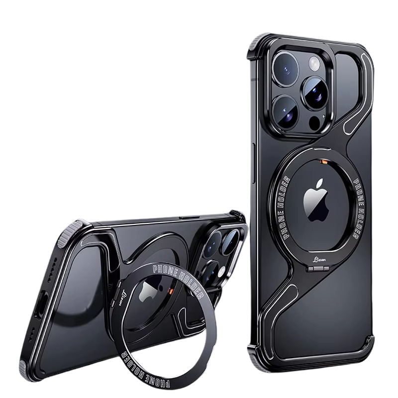 Luxury iPhone Case — Z-Shaped Frameless Magnetic Metal Snap-On Cover with Rotating Ring, Shockproof, Lightweight, Non-Slip, Full Protection
