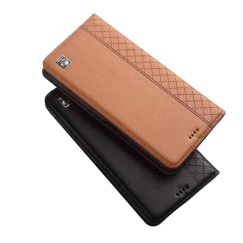 Luxury iPhone Flip Case Genuine Leather Cover — Magnetic Closure, Card Slot Holder, Business Style Design with Kickstand, Full Body Shockproof Protection