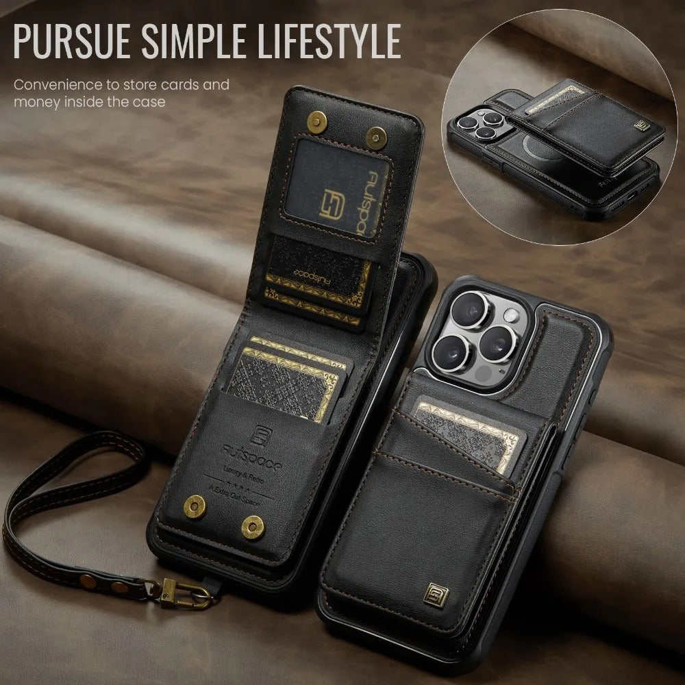 Luxury iPhone 2-in-1 Magnetic Wallet Case — Detachable Leather Cover with Card Holder, Wrist Strap, Shockproof Drop Protection, Full Access Design