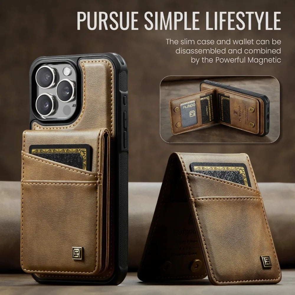 Luxury iPhone 2-in-1 Magnetic Wallet Case — Detachable Leather Cover with Card Holder, Wrist Strap, Shockproof Drop Protection, Full Access Design