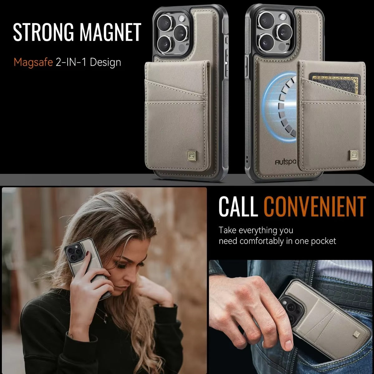 Luxury iPhone 2-in-1 Magnetic Wallet Case — Detachable Leather Cover with Card Holder, Wrist Strap, Shockproof Drop Protection, Full Access Design