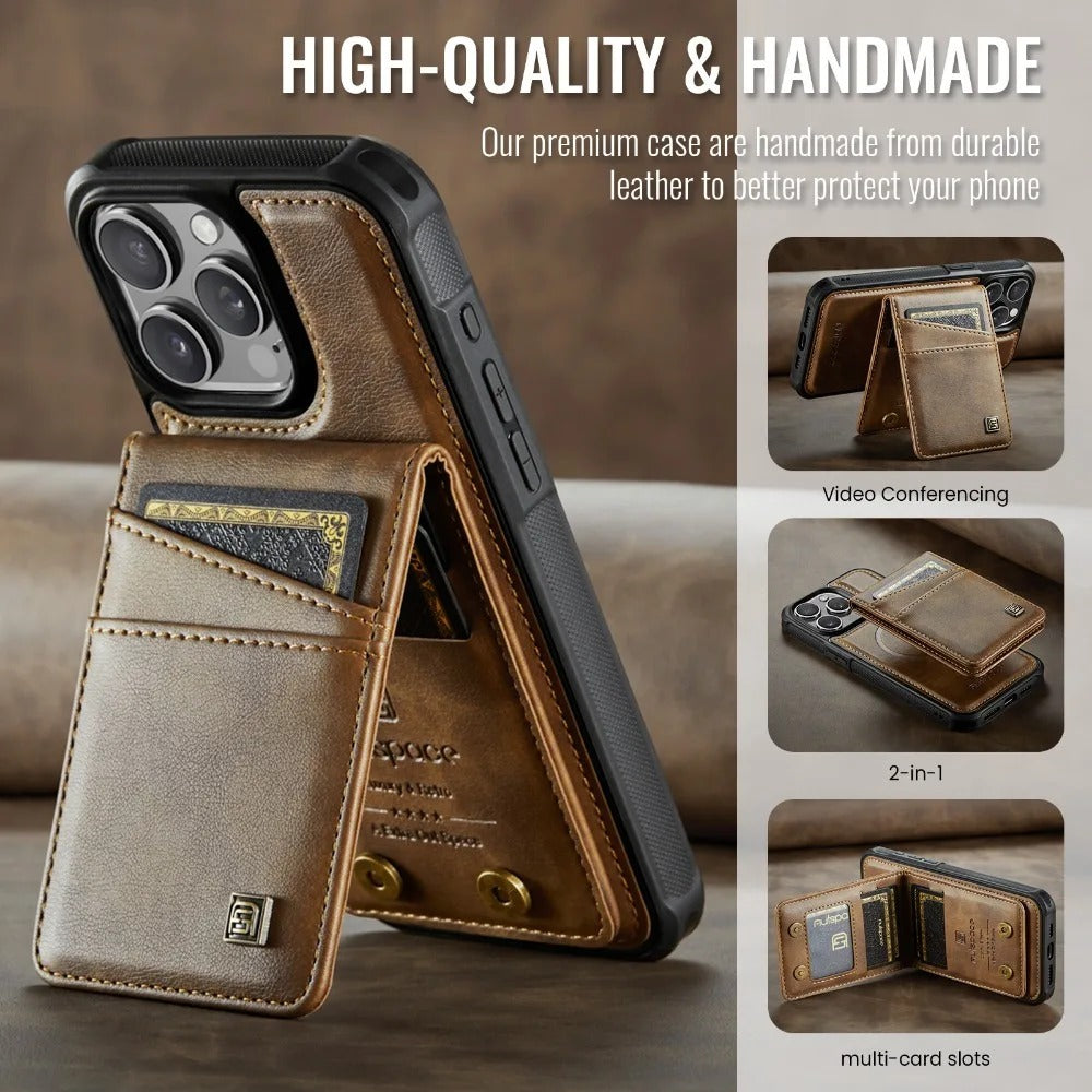 Luxury iPhone 2-in-1 Magnetic Wallet Case — Detachable Leather Cover with Card Holder, Wrist Strap, Shockproof Drop Protection, Full Access Design