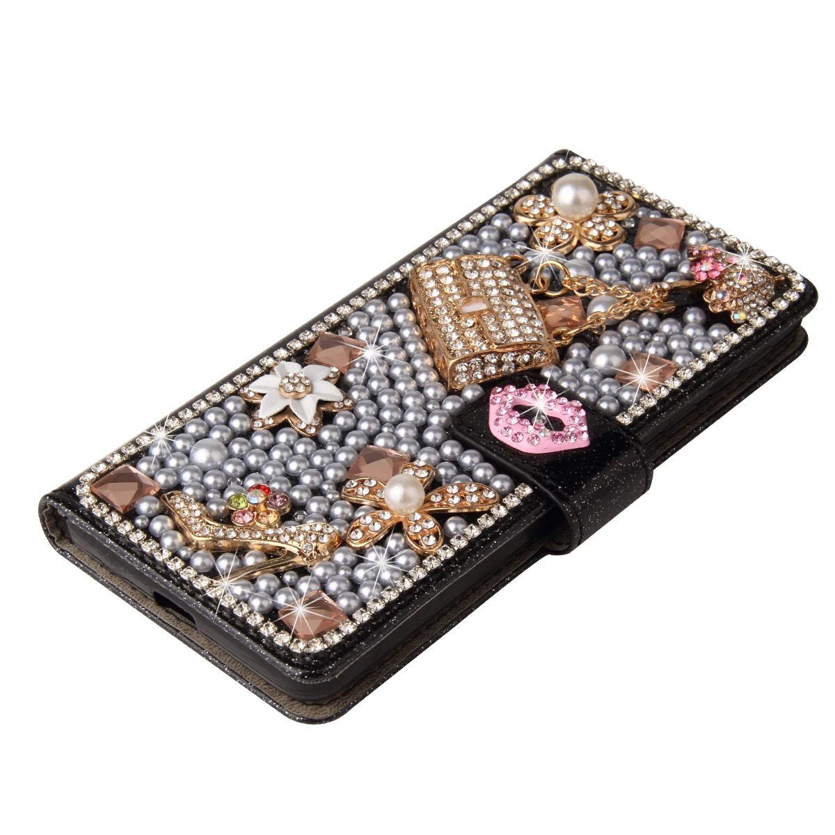 Luxury iPhone Bling Diamond Wallet Case — Flip Leather Cover with Rhinestone Lipstick Design, Card Slot Holder, Shockproof Protection, Stylish Sparkling Finish