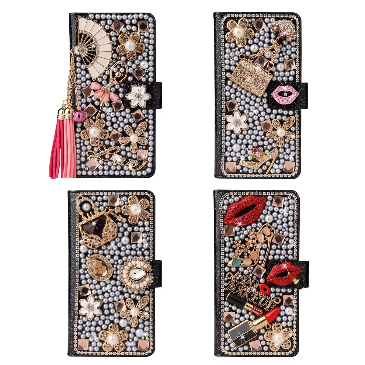 Luxury iPhone Bling Diamond Wallet Case — Flip Leather Cover with Rhinestone Lipstick Design, Card Slot Holder, Shockproof Protection, Stylish Sparkling Finish