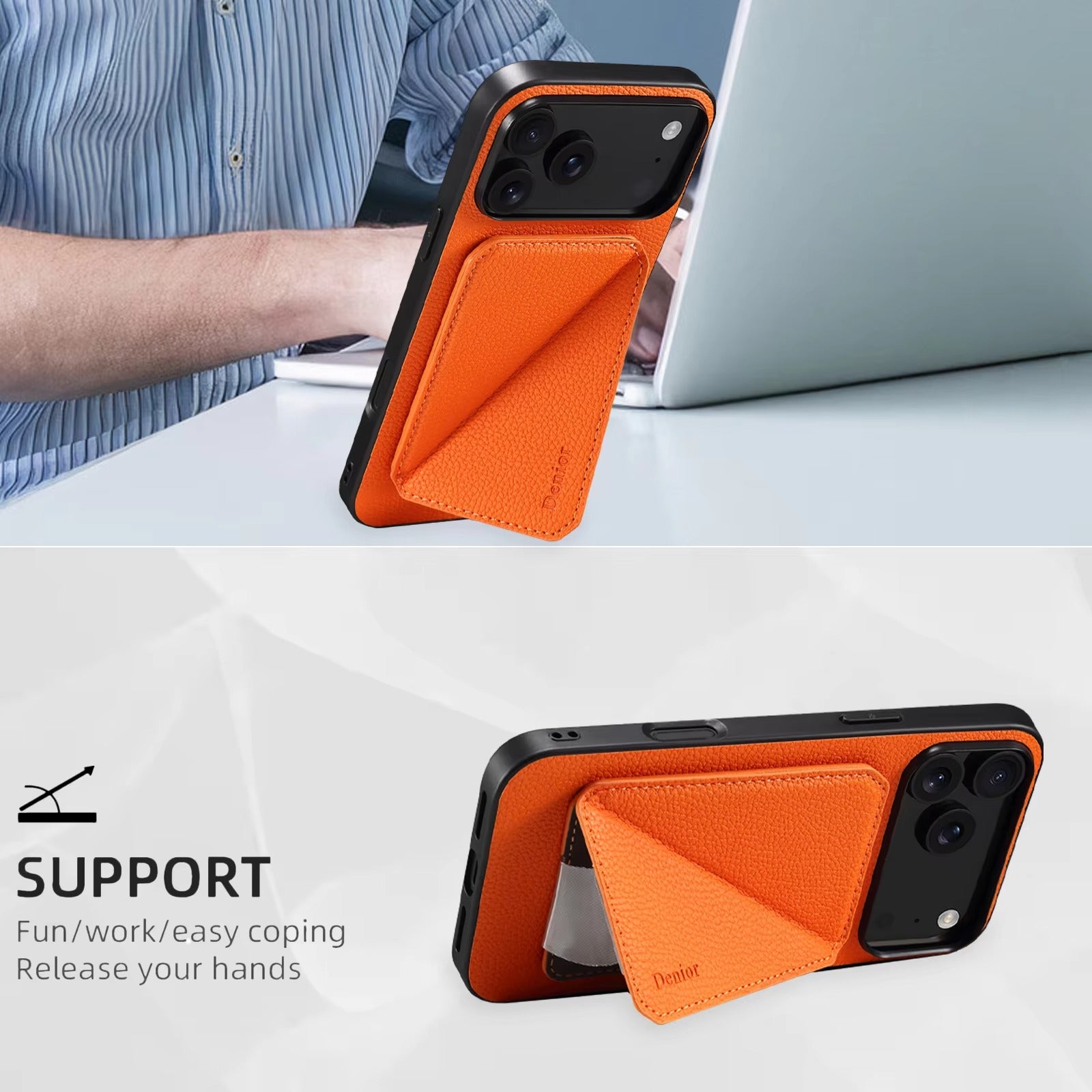 Luxury iPhone Business Leather Case — Shock-Absorbing Back Cover with Bracket Slot, Slim Professional Design for Work and Everyday Protection