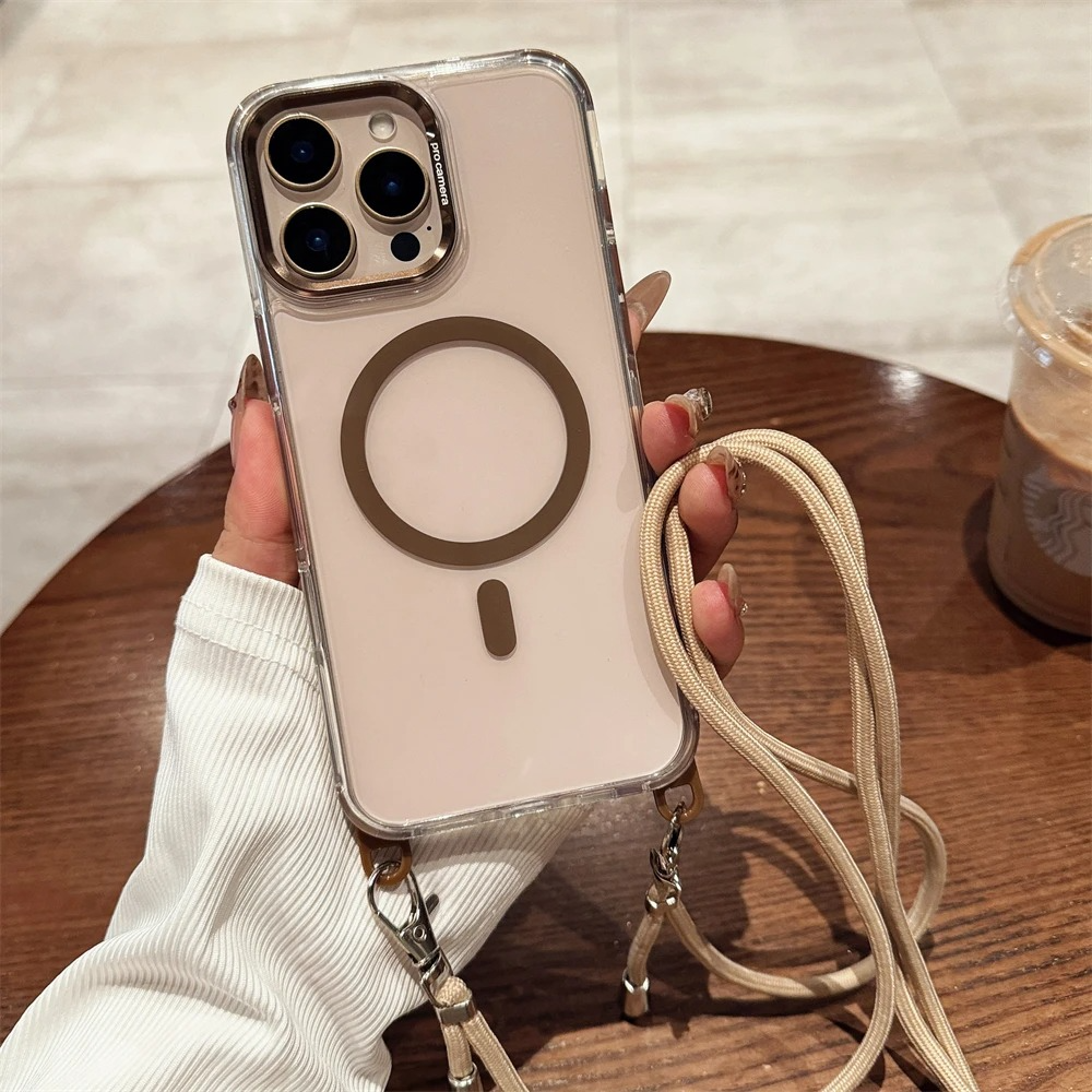 Luxury iPhone Case Crossbody Transparent Magnetic — Magsafe Compatible Shockproof Cover with Anti-Lost Lanyard, Anti-Fingerprint, Non-Slip