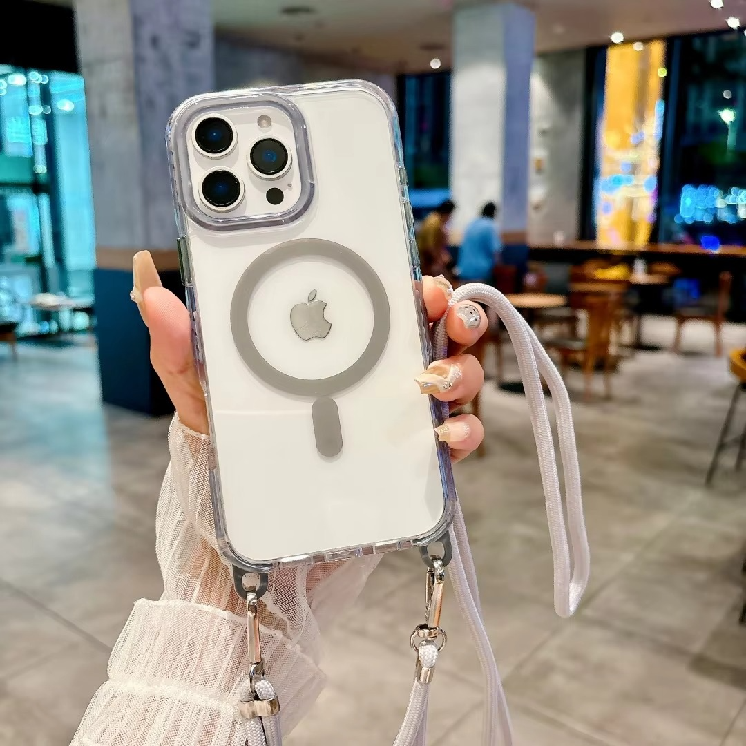 Luxury iPhone Case Crossbody Transparent Magnetic — Magsafe Compatible Shockproof Cover with Anti-Lost Lanyard, Anti-Fingerprint, Non-Slip