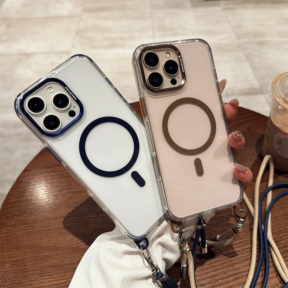 Luxury iPhone Case Crossbody Transparent Magnetic — Magsafe Compatible Shockproof Cover with Anti-Lost Lanyard, Anti-Fingerprint, Non-Slipv