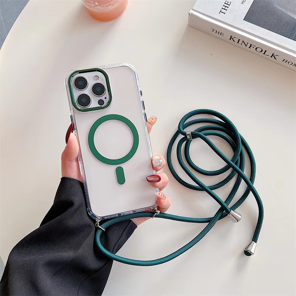Luxury iPhone Case Crossbody Transparent Magnetic — Magsafe Compatible Shockproof Cover with Anti-Lost Lanyard, Anti-Fingerprint, Non-Slip