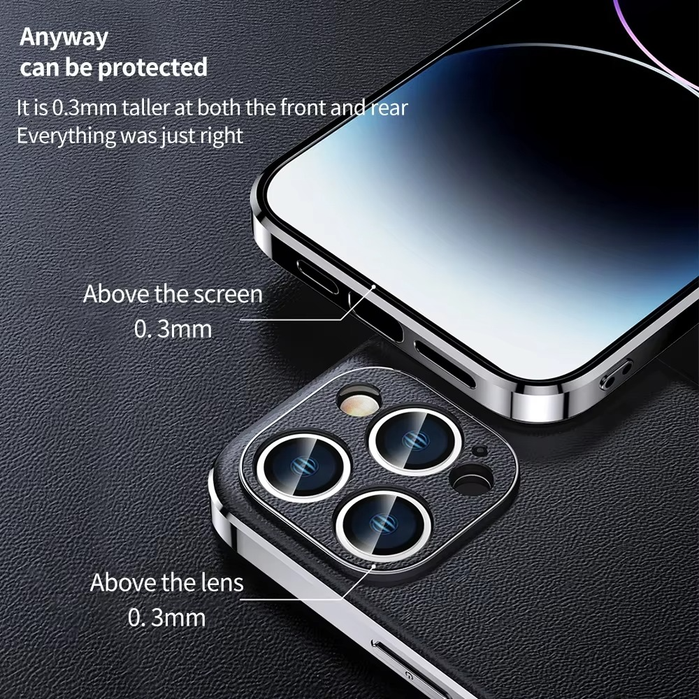 Luxury iPhone Case Genuine Cowhide Leather Back Cover — Full Camera Lens Protection, Plated Edges, Anti-Fingerprint Matte Finish, Wireless Charging Compatible