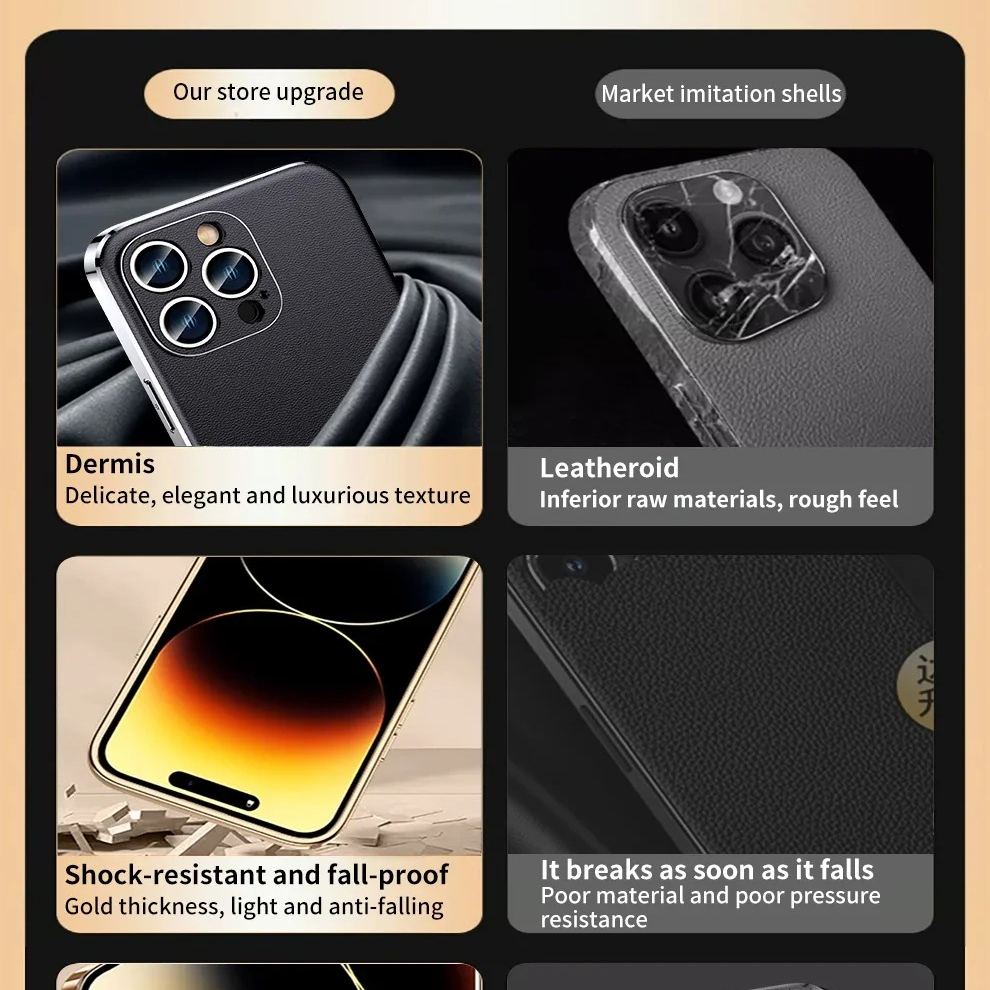 Luxury iPhone Case Genuine Cowhide Leather Back Cover — Full Camera Lens Protection, Plated Edges, Anti-Fingerprint Matte Finish, Wireless Charging Compatible