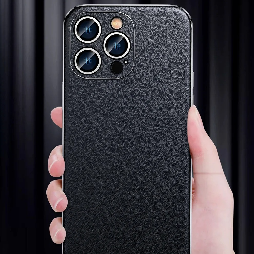 Luxury iPhone Case Genuine Cowhide Leather Back Cover — Full Camera Lens Protection, Plated Edges, Anti-Fingerprint Matte Finish, Wireless Charging Compatible