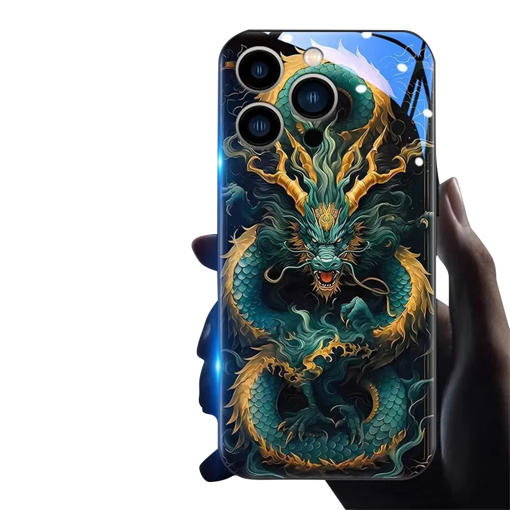 Luxury iPhone Case Green Dragon LED Light Cover — Smart Sound Control Glowing Design, Tempered Glass Back, Shockproof Anti-Fingerprint Full Coverage Protection